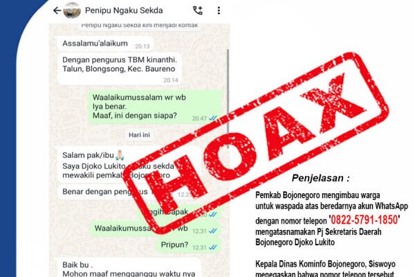 Beredar Hoax Akun WhatsApp Mengatasnamakan Pj Sekda, Pemkab Bojonegoro Imbau Warga Waspada