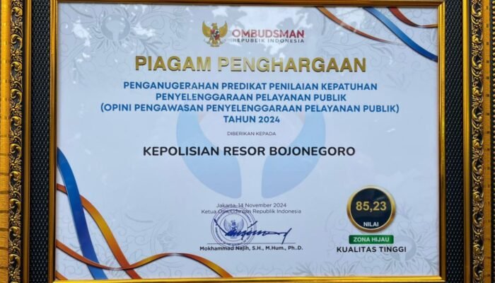 Polres Bojonegoro Meraih Predikat Kualitas Tinggi Pelayanan Publik Terbaik Nasional