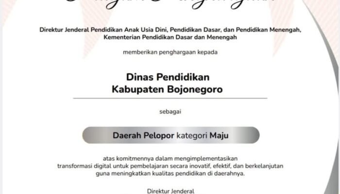 Dinas Pendidikan Bojonegoro Raih Penghargaan Kategori Daerah Pelopor Predikat Daerah Maju