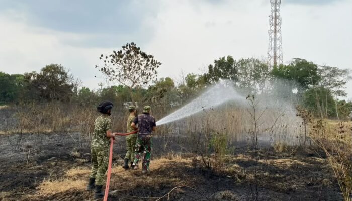 Personel Yonif TP 885 dan Tim Damkar Bojonegoro Gerak Cepat  Tangani Kebakaran di Desa Mojoranu